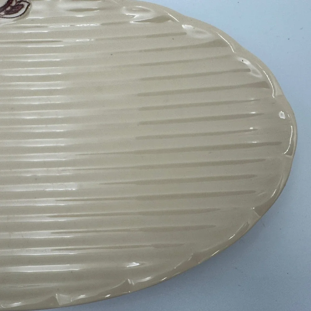 Reba Cream Ceramic Oval Serving Platter Burgundy Floral Scalloped Ribbed Serving